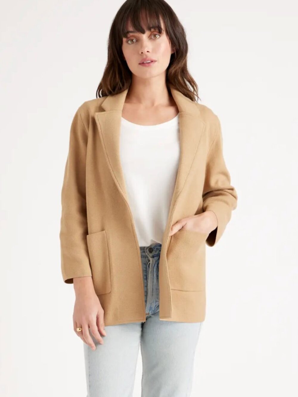 Quince 100% Organic Cotton Open Front Knit Blazer Women's Size XL Camel Tan
